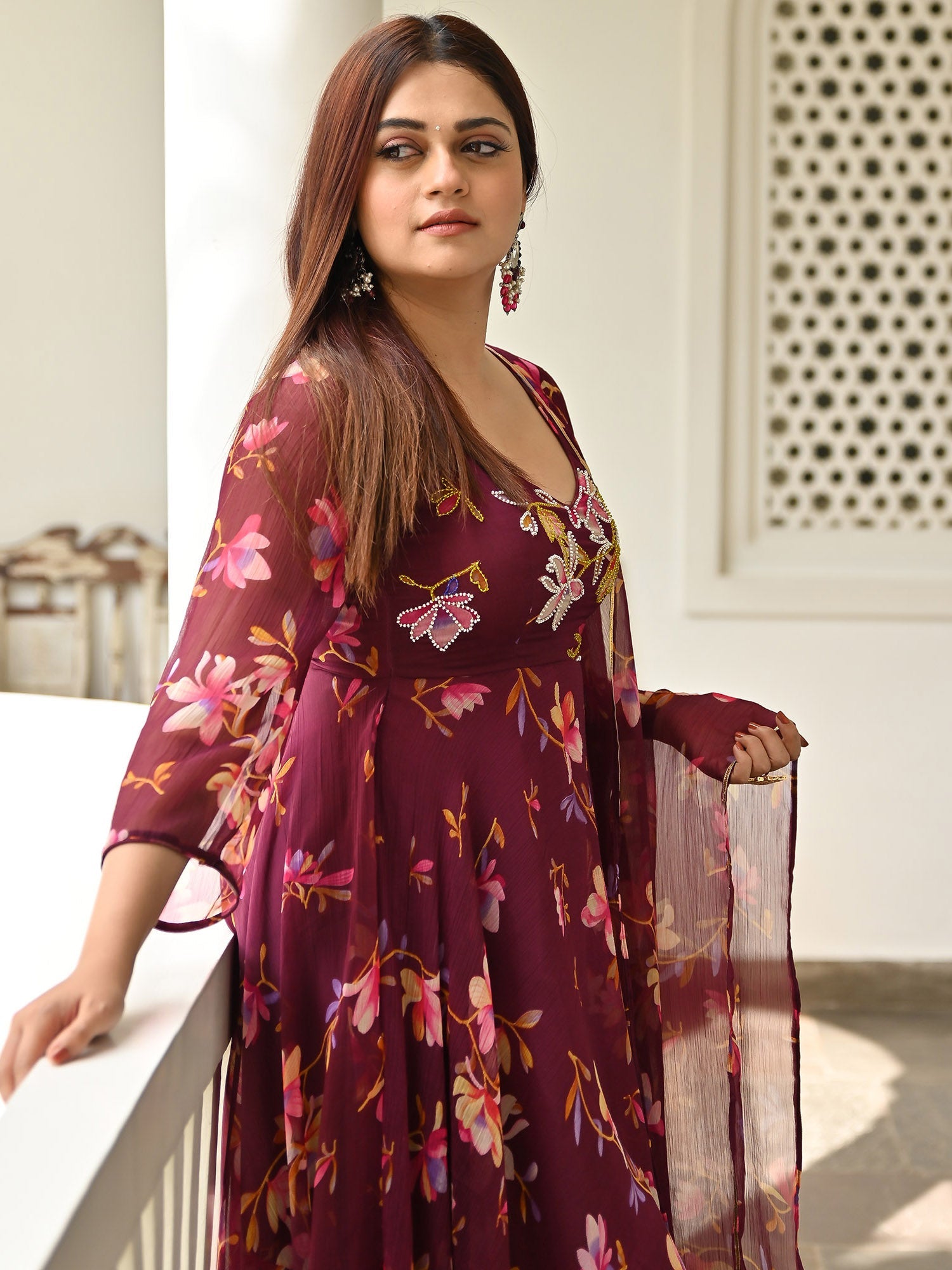 Maroon Printed Anarkali