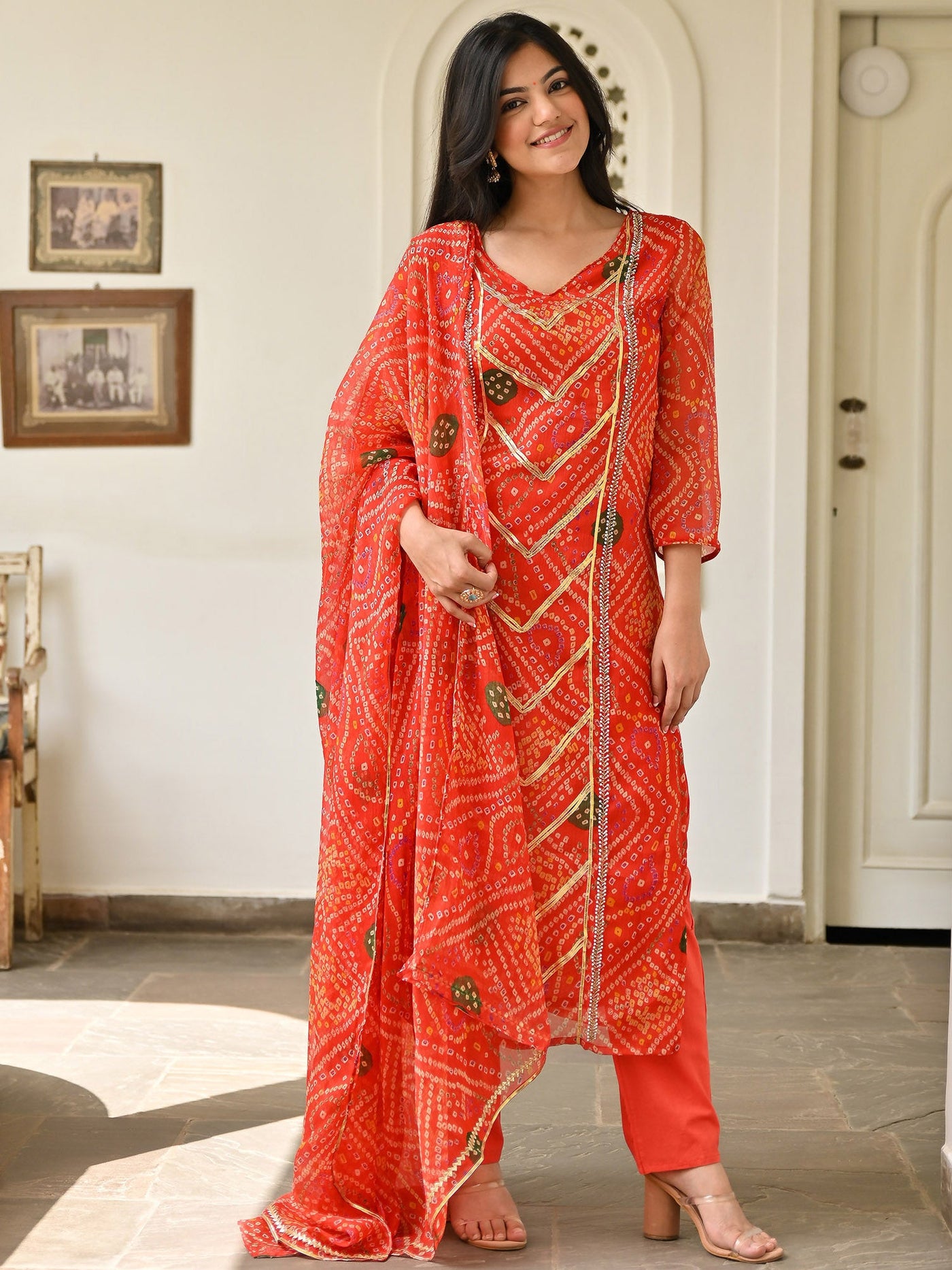 Red Bandhej Mul-Mul Kurta With Pant - Set of 2