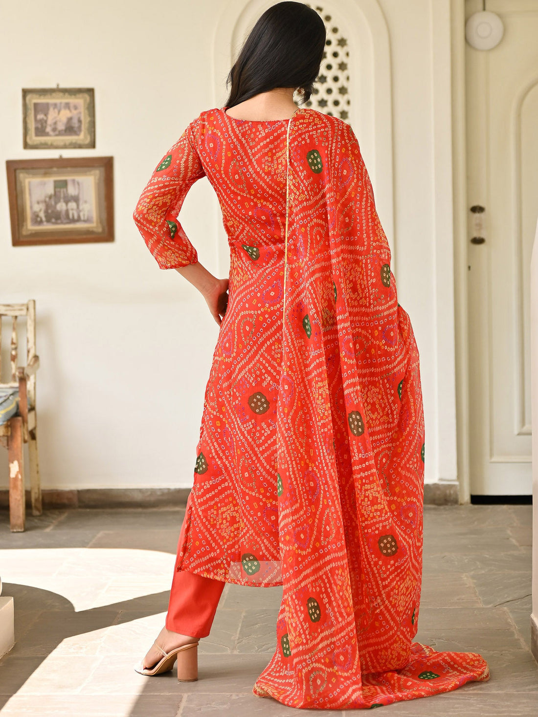 Jute Cotton Embroidered Kurta Set with Bandhej Palazzo and Mirror Embellishments main image 0