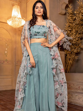 Blue Crop Top Palazzo Set Without  Shrug