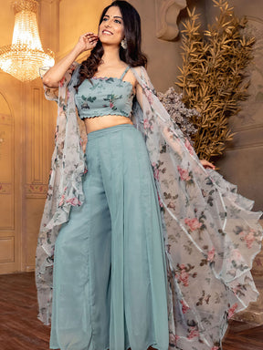 Blue Crop Top Palazzo Set Without  Shrug