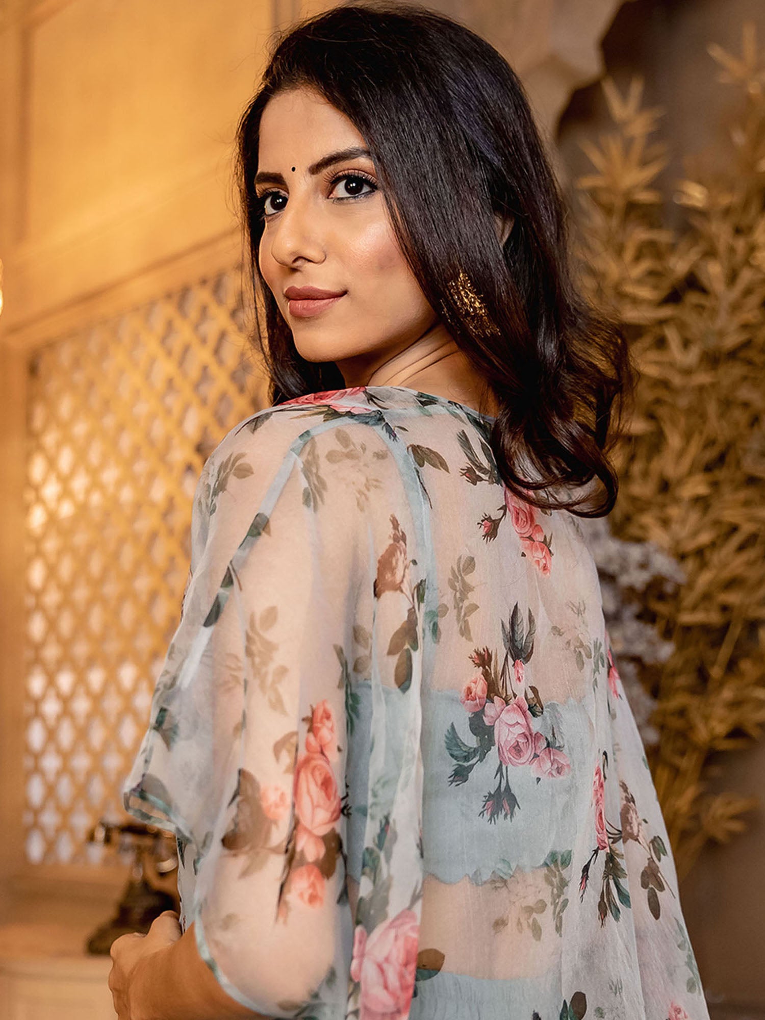 Blue Crop Top Palazzo Set Without  Shrug