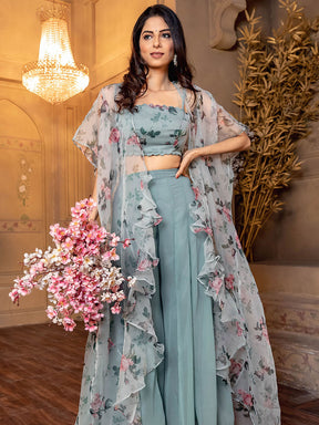 Blue Crop Top Palazzo Set Without  Shrug