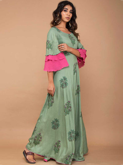 Green Floral Printed long Dress