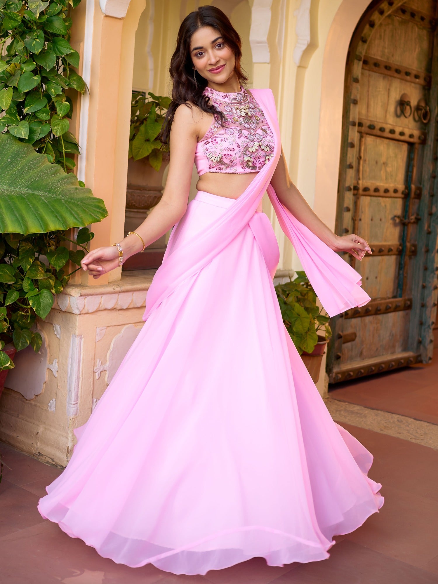 Modern Baby Pink Pre Draped Saree