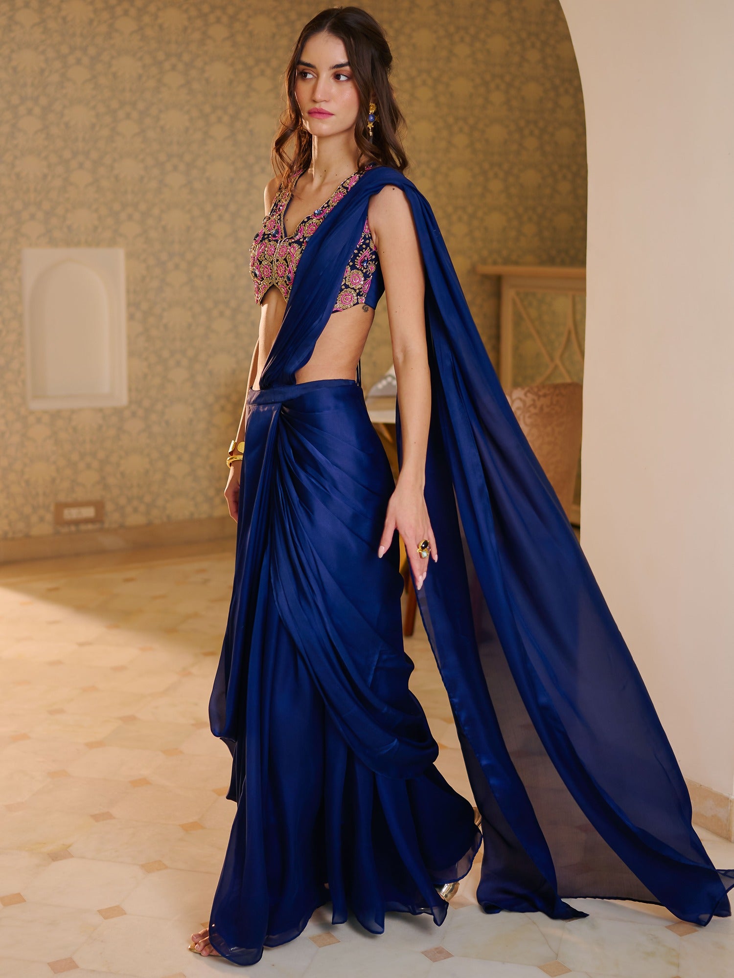 Modern Navy Blue Pre Draped Saree