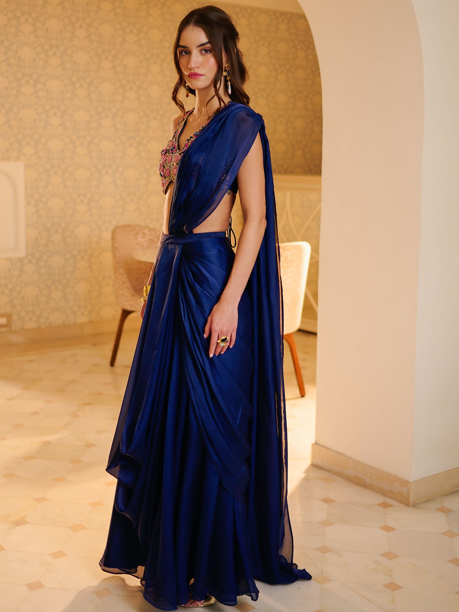 Modern Navy Blue Pre Draped Saree