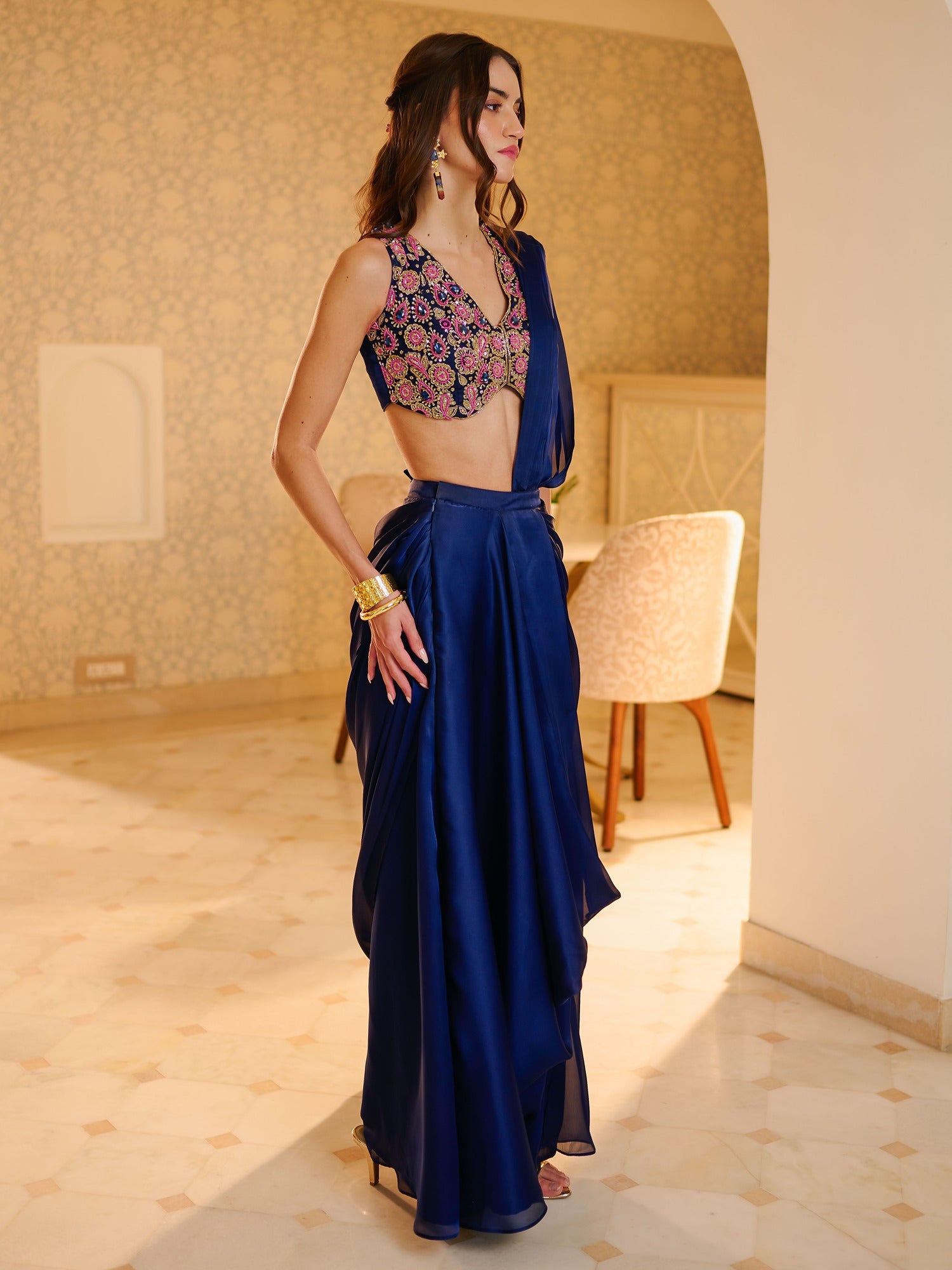 Modern Navy Blue Pre Draped Saree