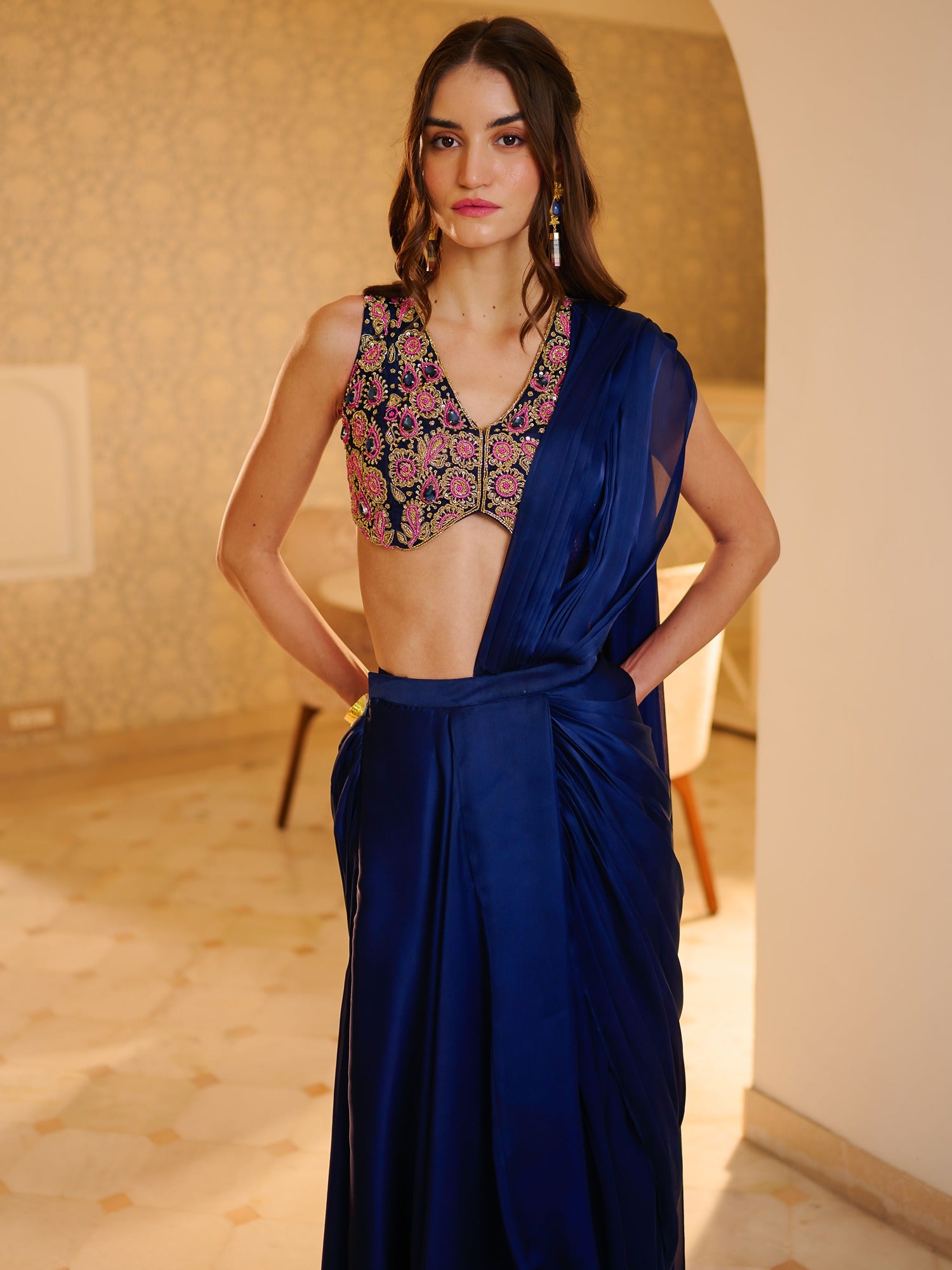 Modern Navy Blue Pre Draped Saree