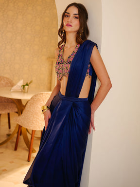 Modern Navy Blue Pre Draped Saree