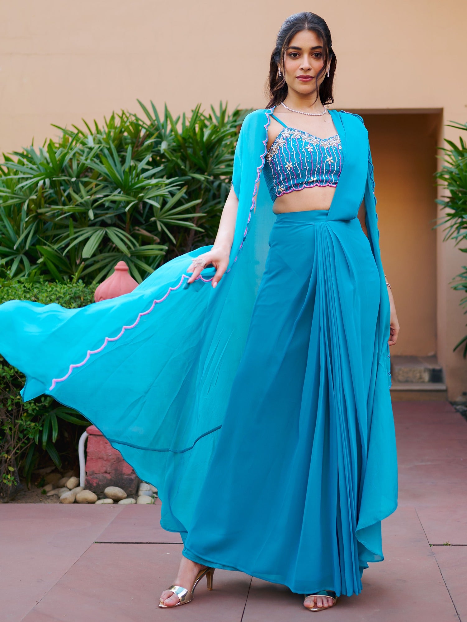 Modern Teal Pre Draped Saree
