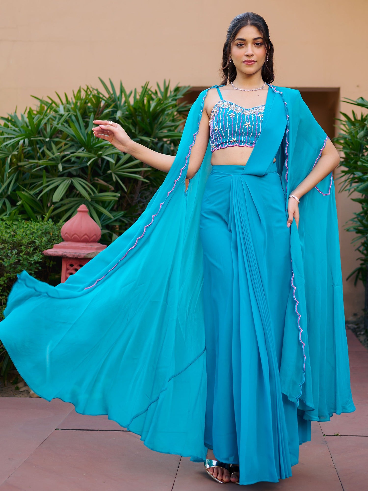 Modern Teal Pre Draped Saree