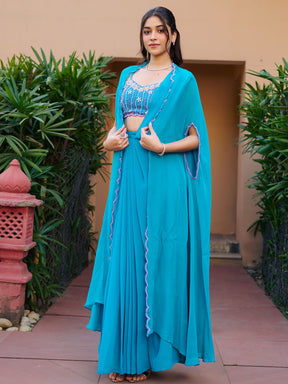 Modern Teal Pre Draped Saree