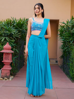 Modern Teal Pre Draped Saree