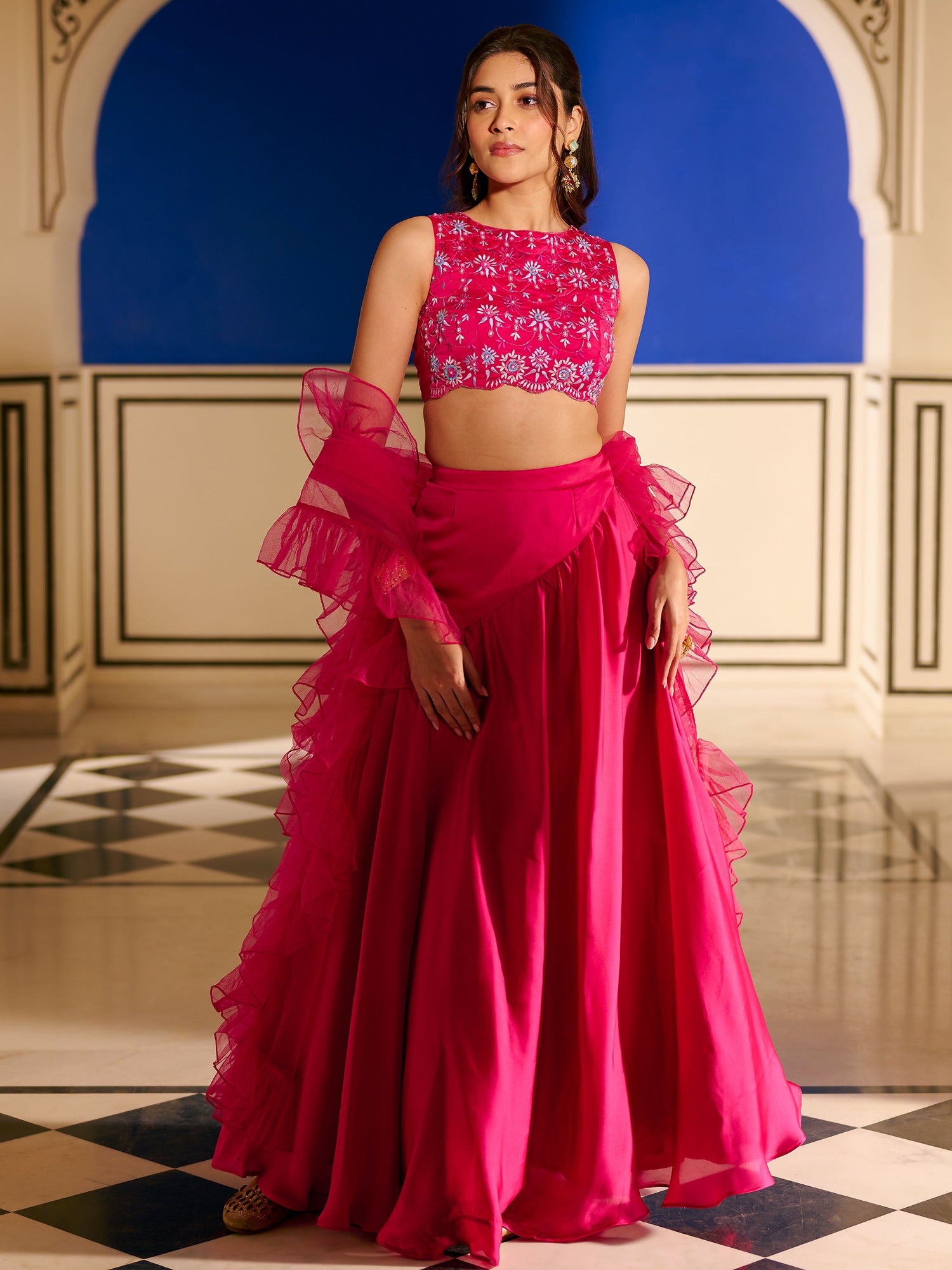 Modern Crimson Pink Lehenga Set