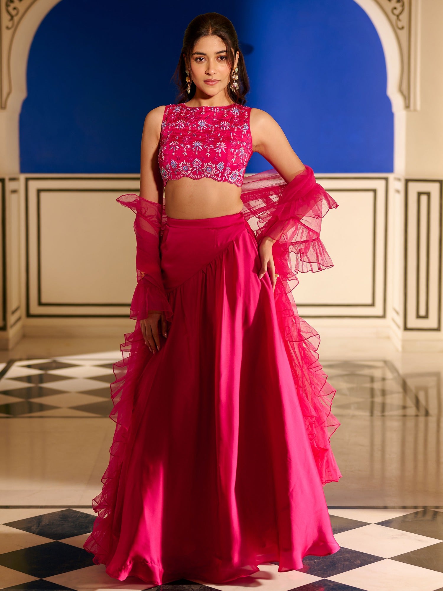 Modern Crimson Pink Lehenga Set