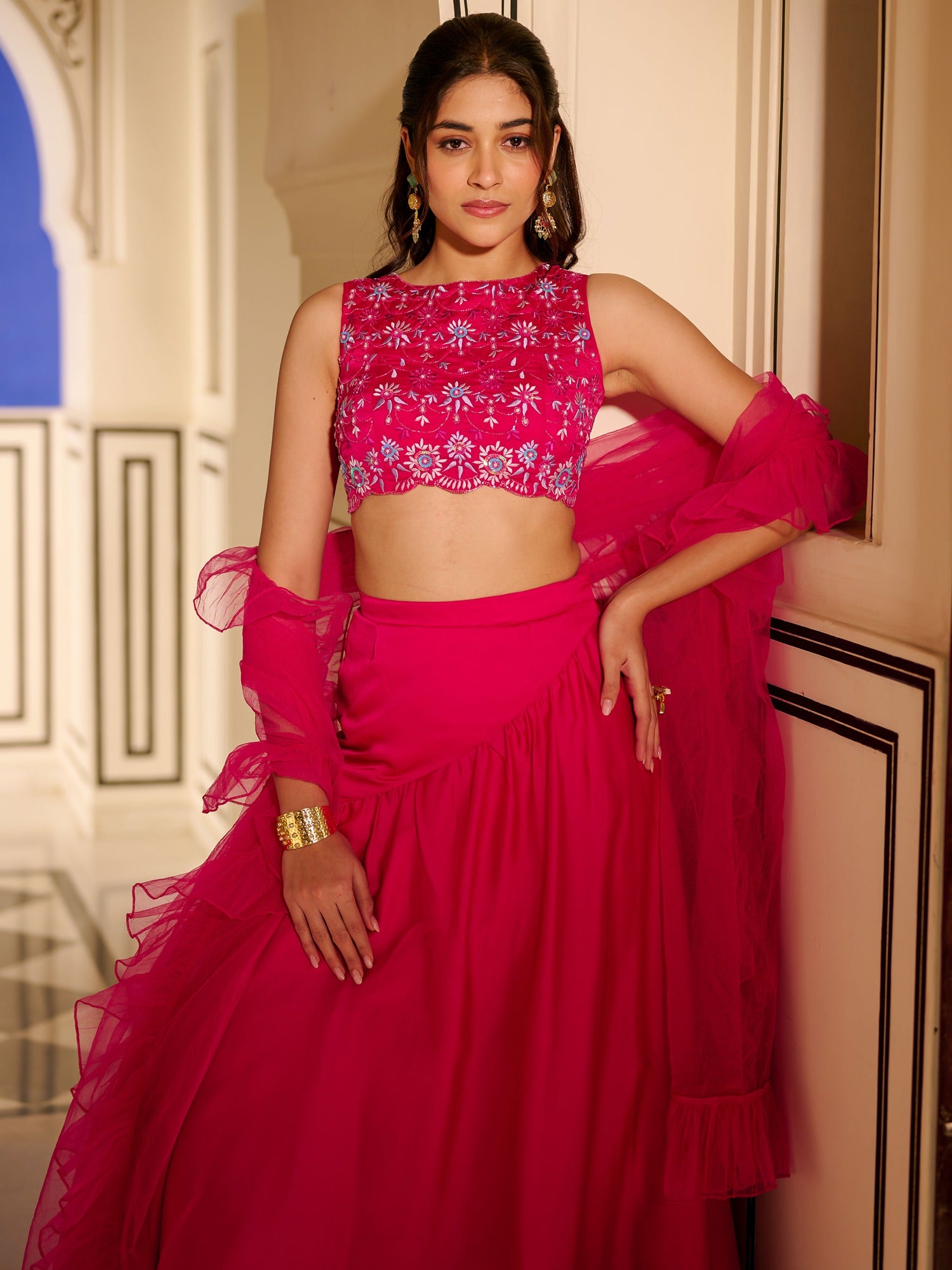 Modern Crimson Pink Lehenga Set