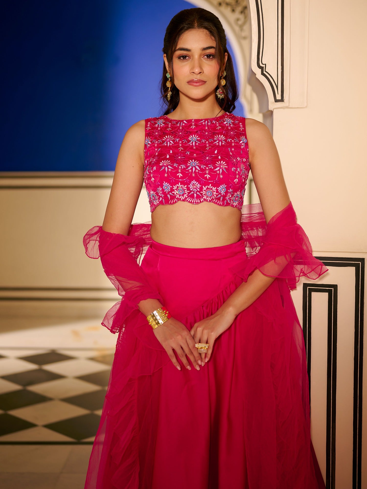 Modern Crimson Pink Lehenga Set