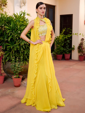Modern Yellow Pre Draped Saree