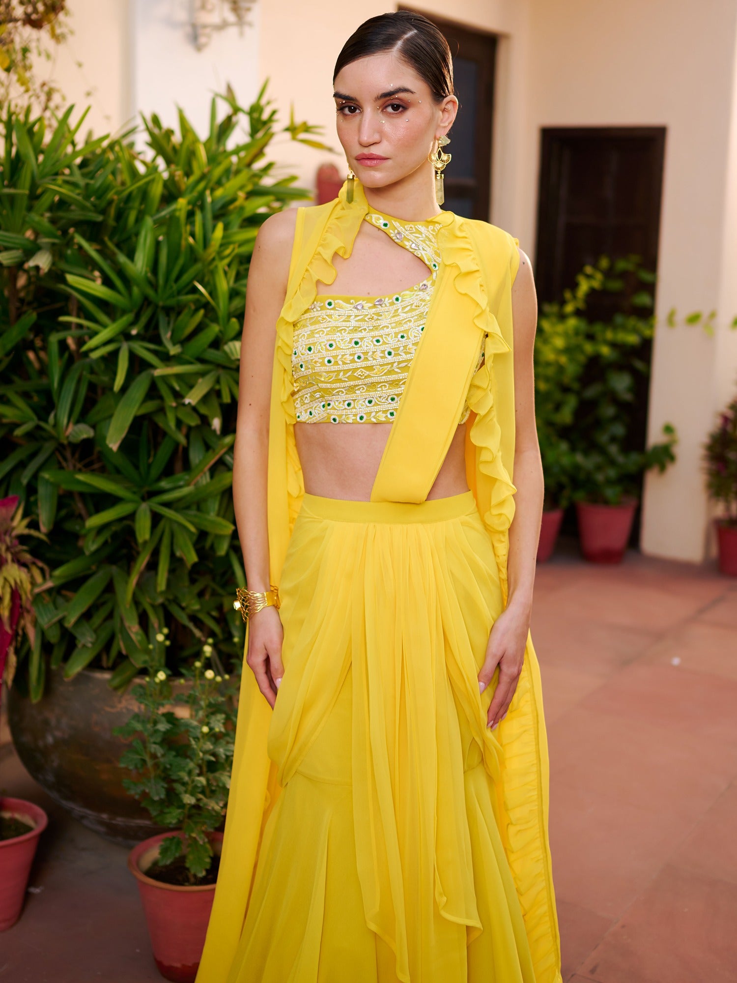 Modern Yellow Pre Draped Saree