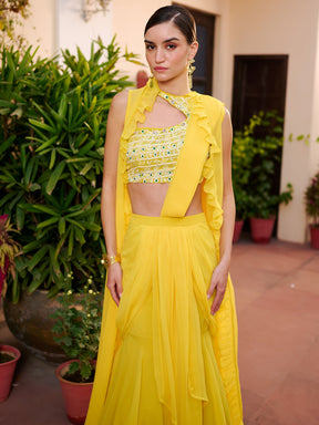 Modern Yellow Pre Draped Saree