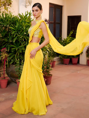 Modern Yellow Pre Draped Saree
