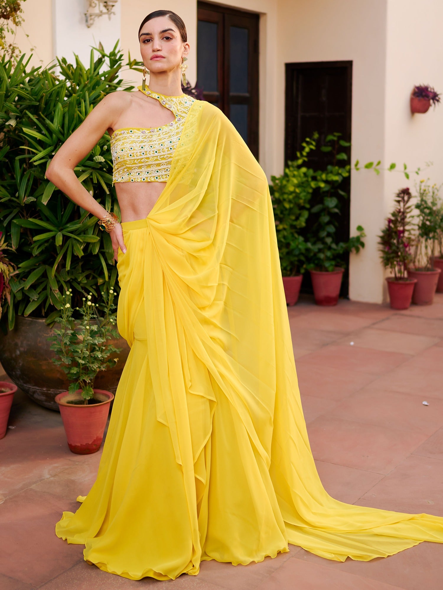 Modern Yellow Pre Draped Saree