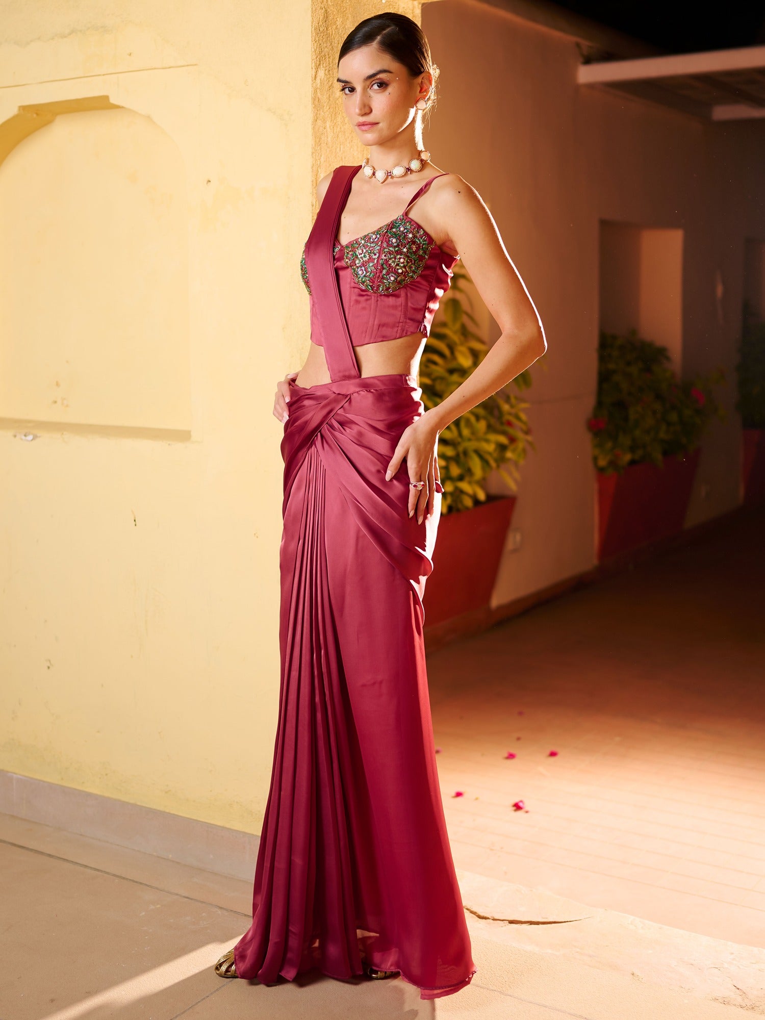 Modern Reddish Pink Pre Draped Saree