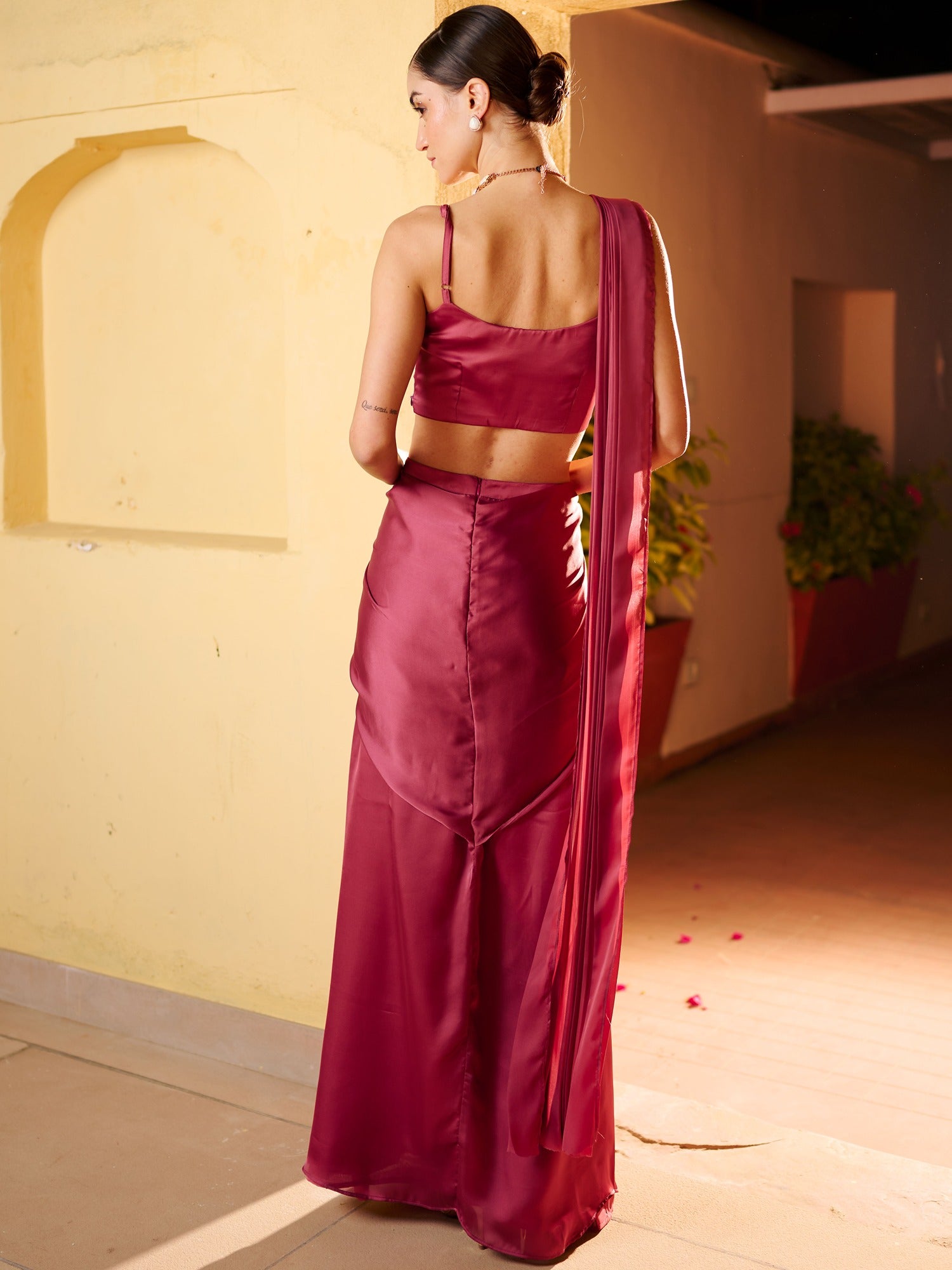 Modern Reddish Pink Pre Draped Saree