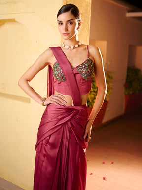 Modern Reddish Pink Pre Draped Saree