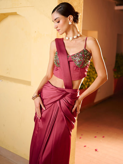 Modern Reddish Pink Pre Draped Saree