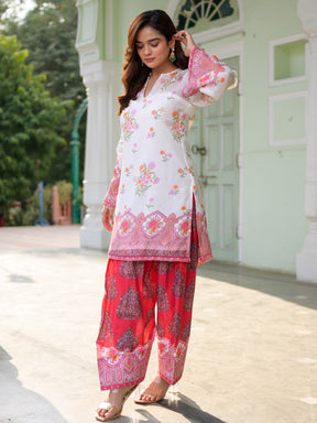 Breezy Bloom White Kurta Pant Set