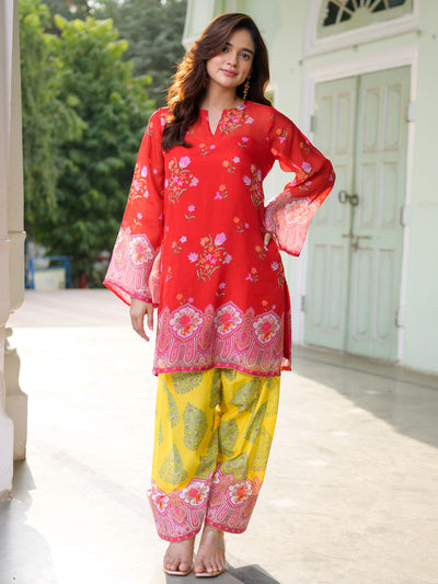 Breezy Bloom Red Kurta Farshi Set