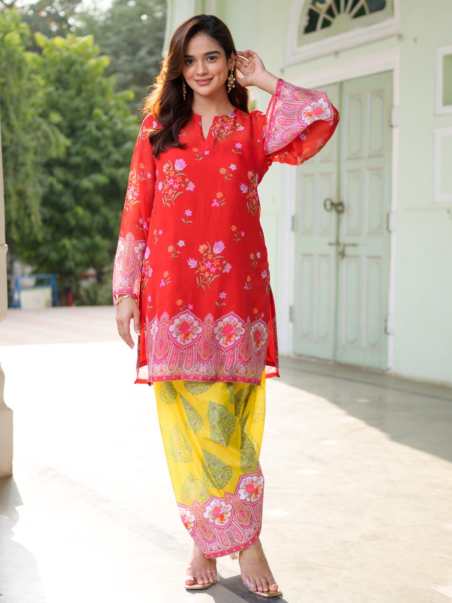 Breezy Bloom Red Kurta Farshi Set