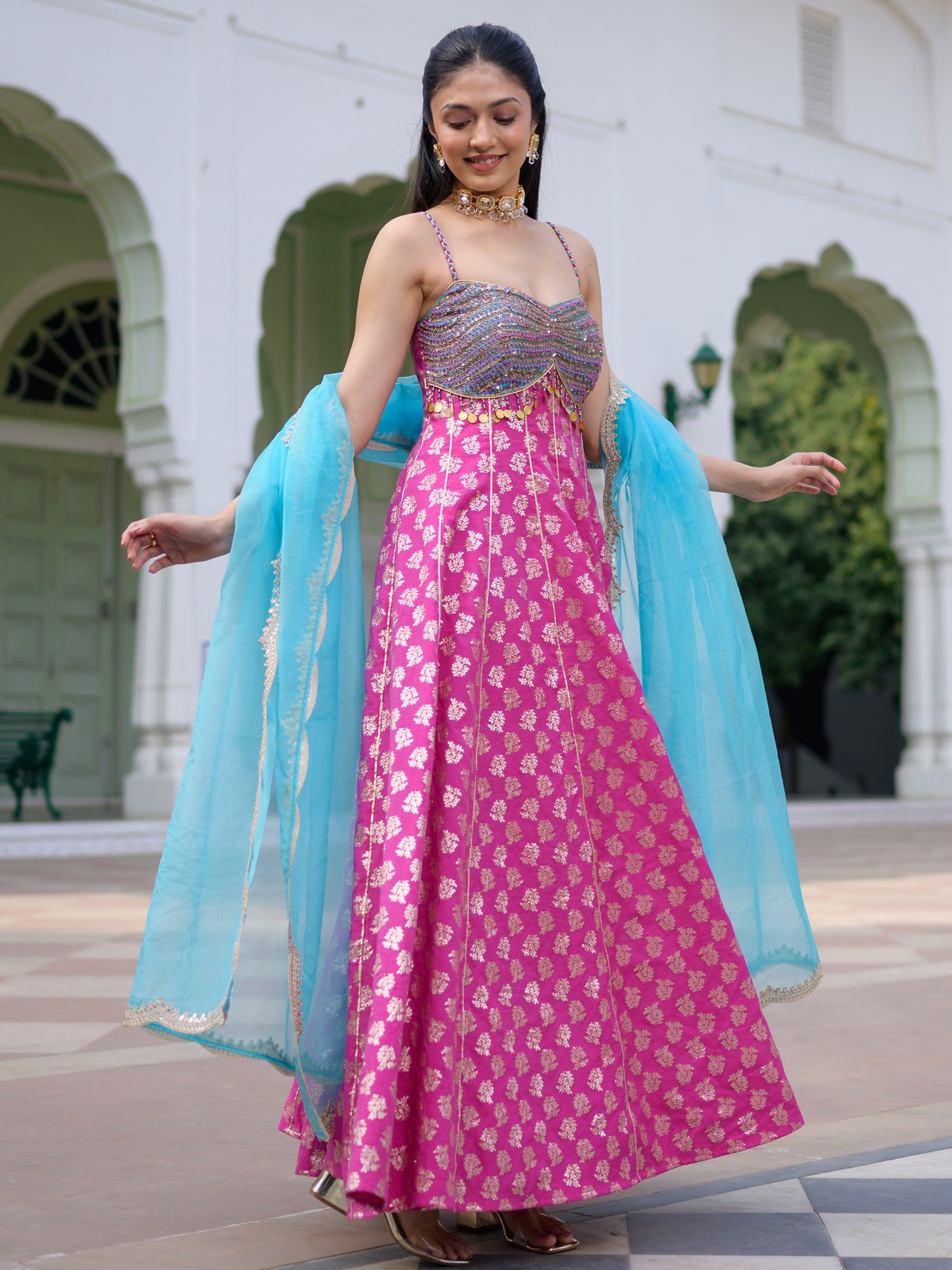 Pink & Blue Anarkali Set
