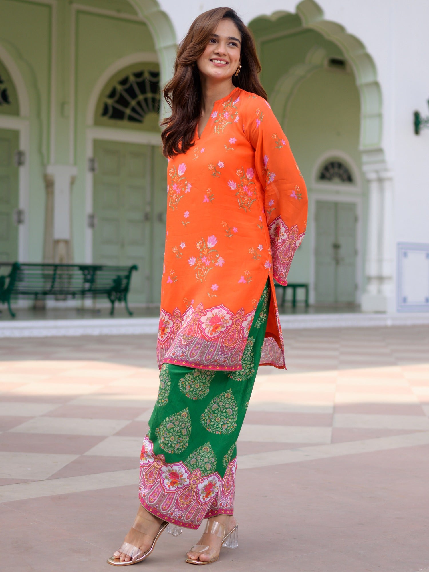 Breezy Bloom Orange Kurta Farshi Set