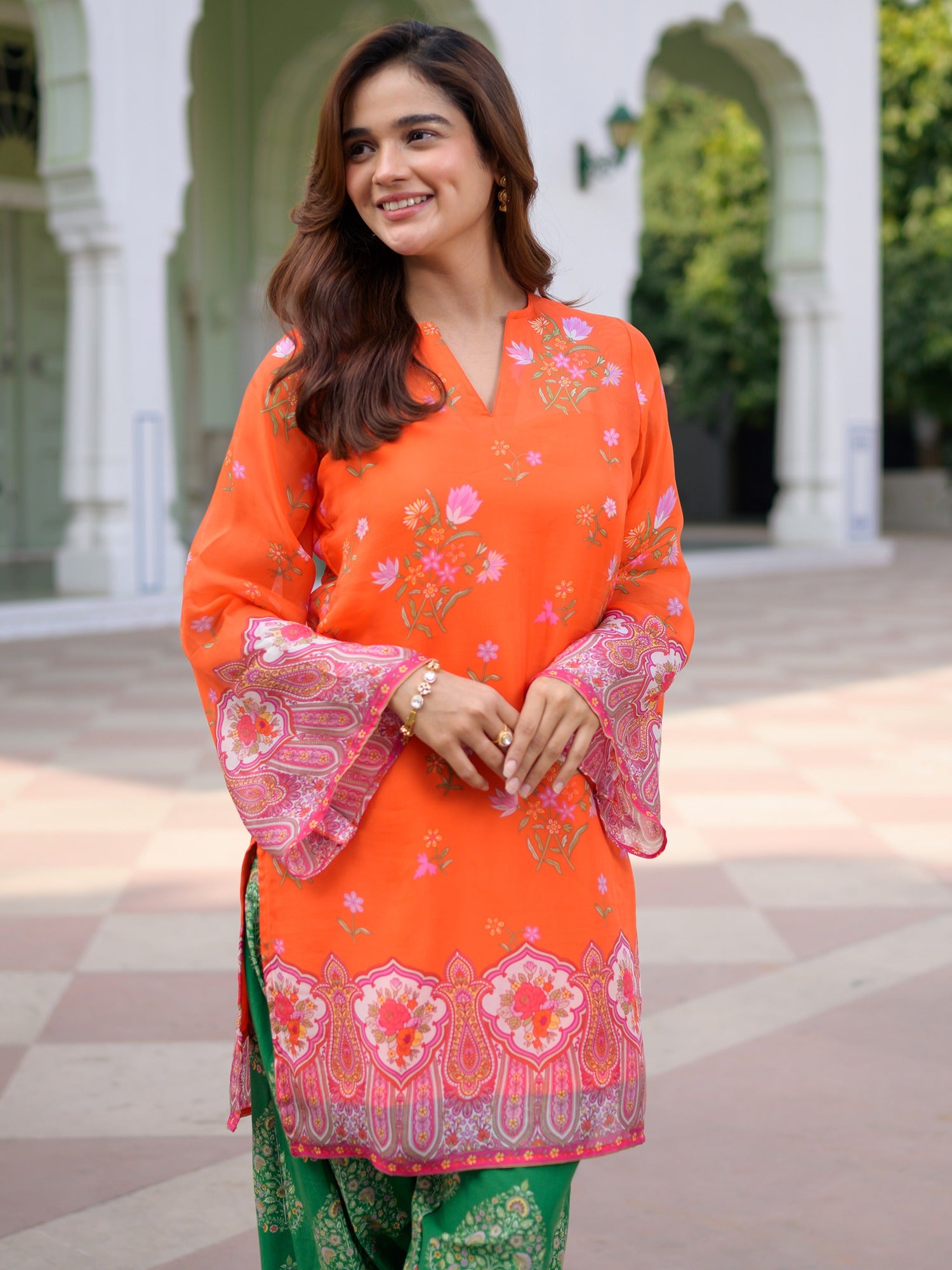 Breezy Bloom Orange Kurta Farshi Set