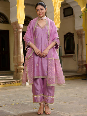 Mauve Silk Embroidered Kurta Set