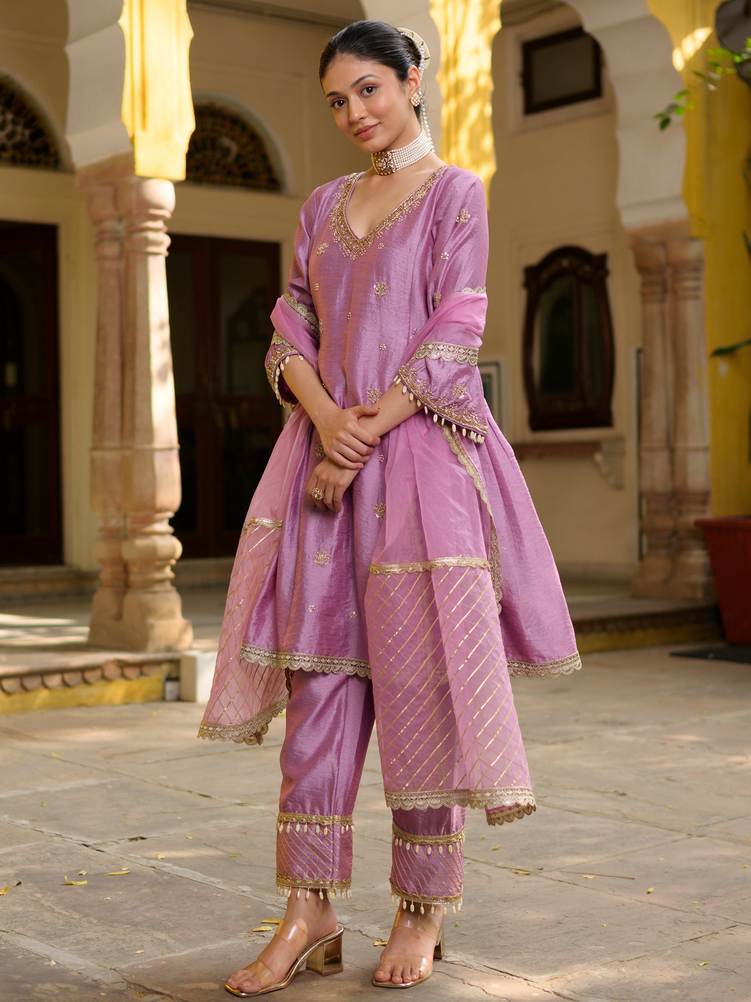 Mauve Silk Embroidered Kurta Set