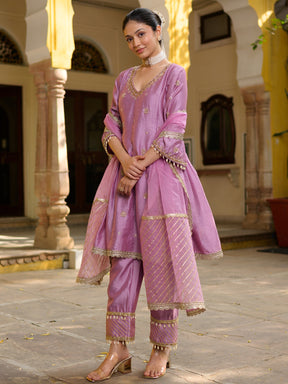 Mauve Silk Embroidered Kurta Set