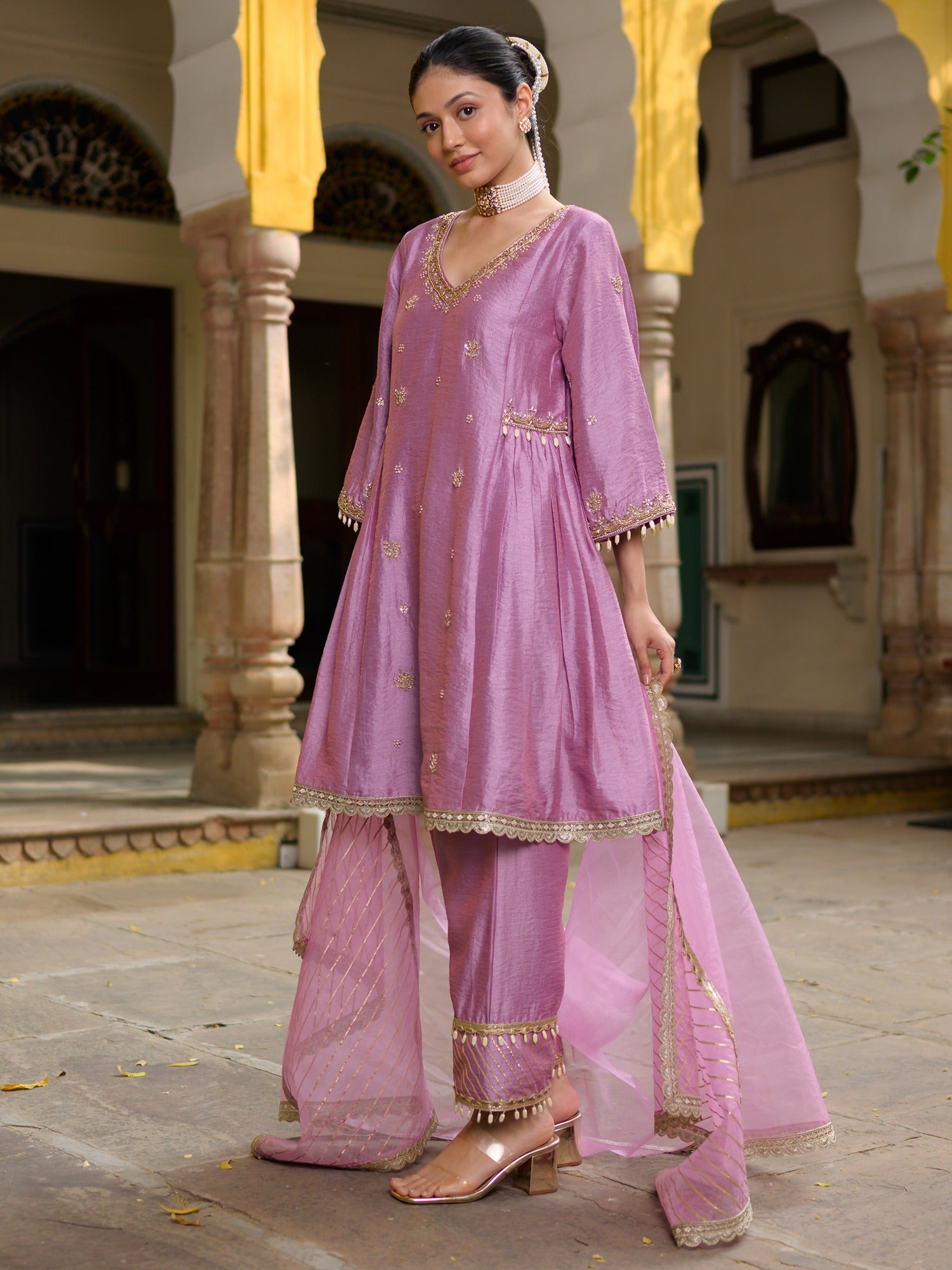 Mauve Silk Embroidered Kurta Set