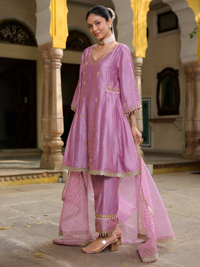 Mauve Silk Embroidered Kurta Set