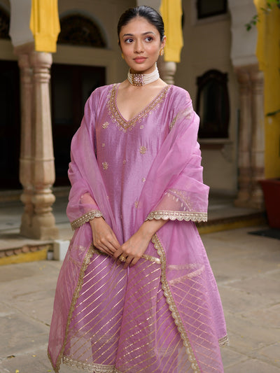 Mauve Silk Embroidered Kurta Set