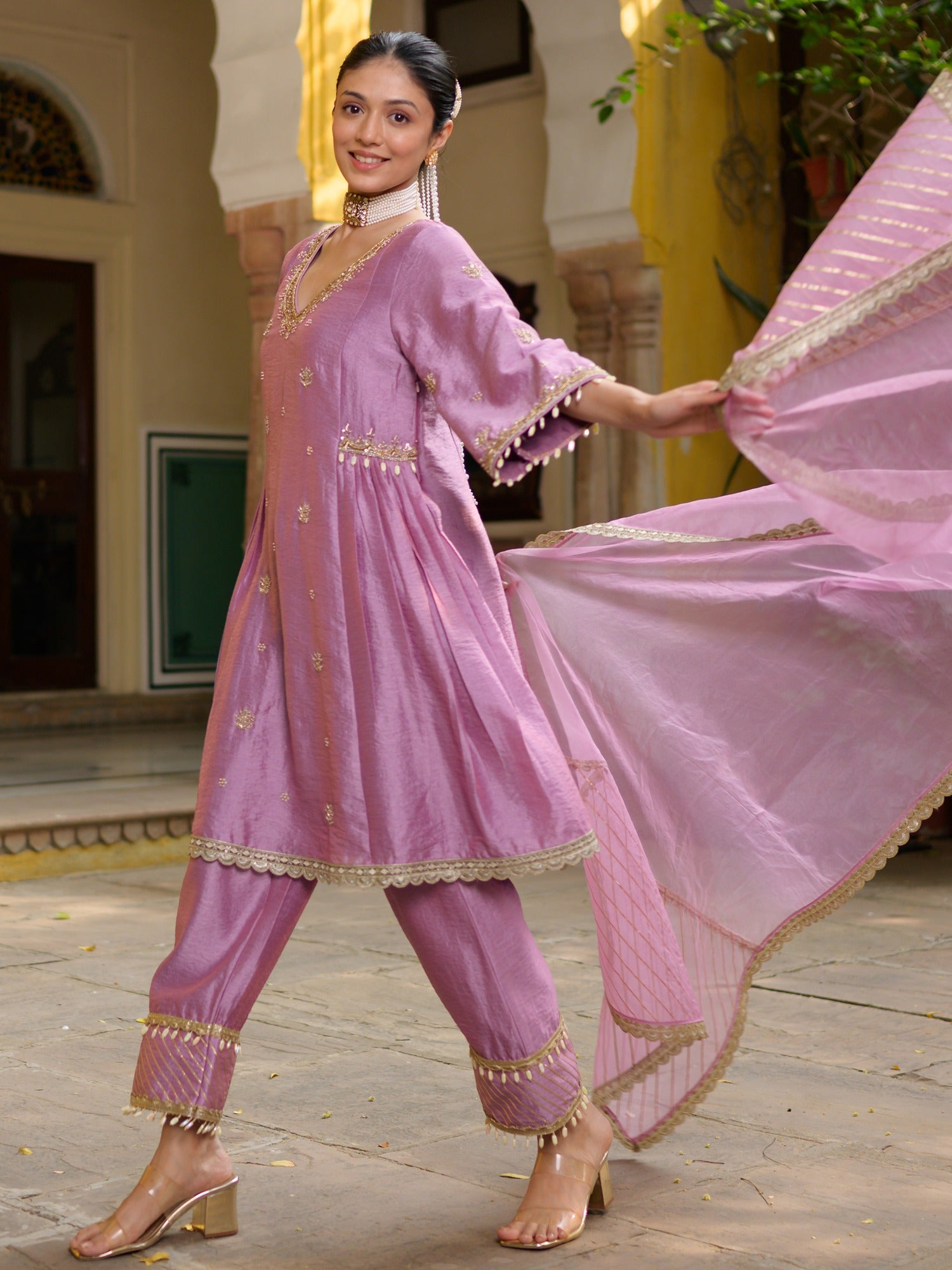 Mauve Silk Embroidered Kurta Set