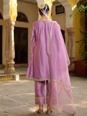 Mauve Silk Embroidered Kurta Set
