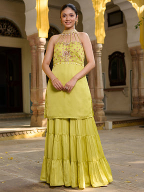 Neon Green Halter Neck Sharara Set