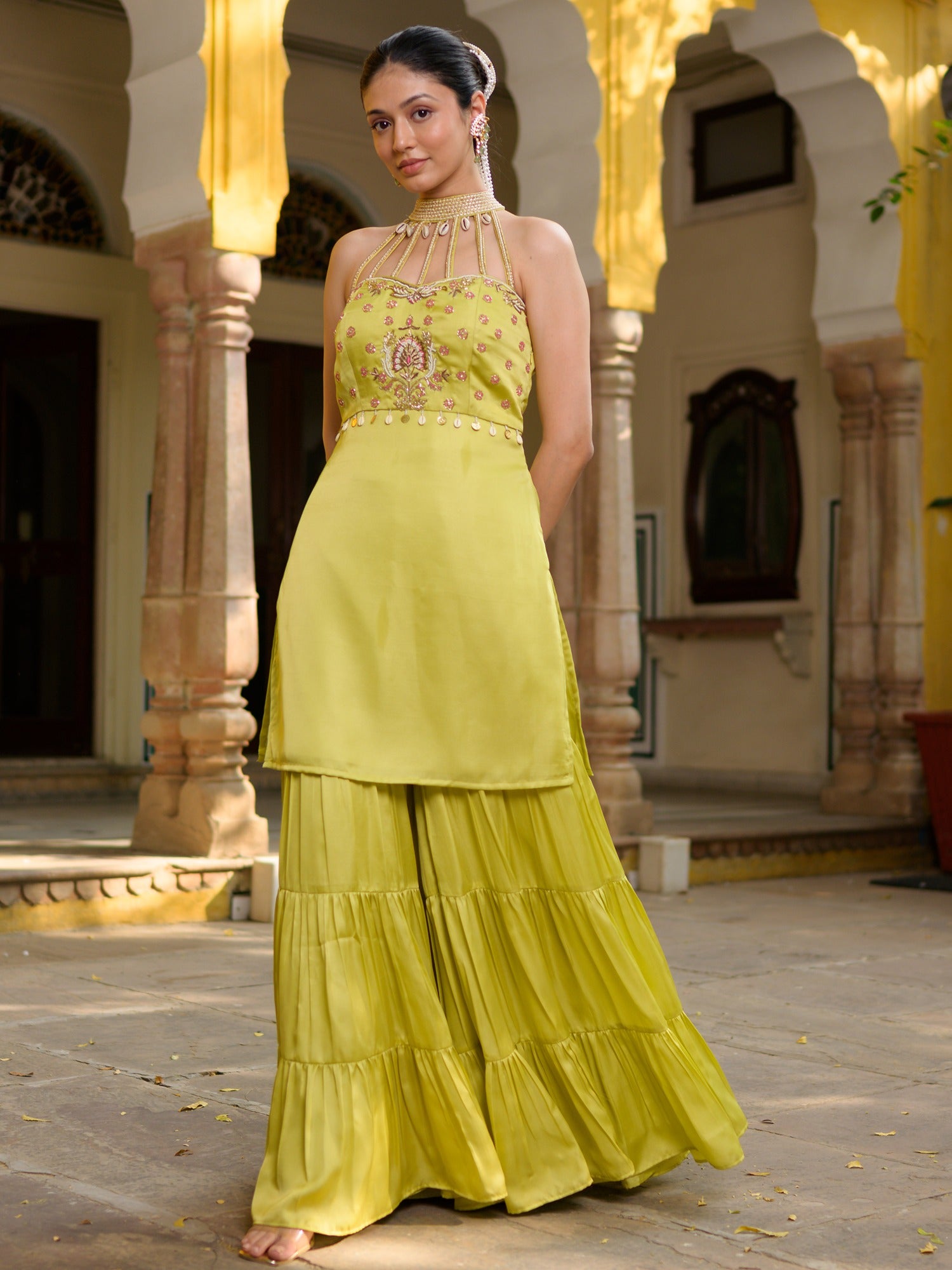 Neon Green Halter Neck Sharara Set