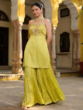 Neon Green Halter Neck Sharara Set