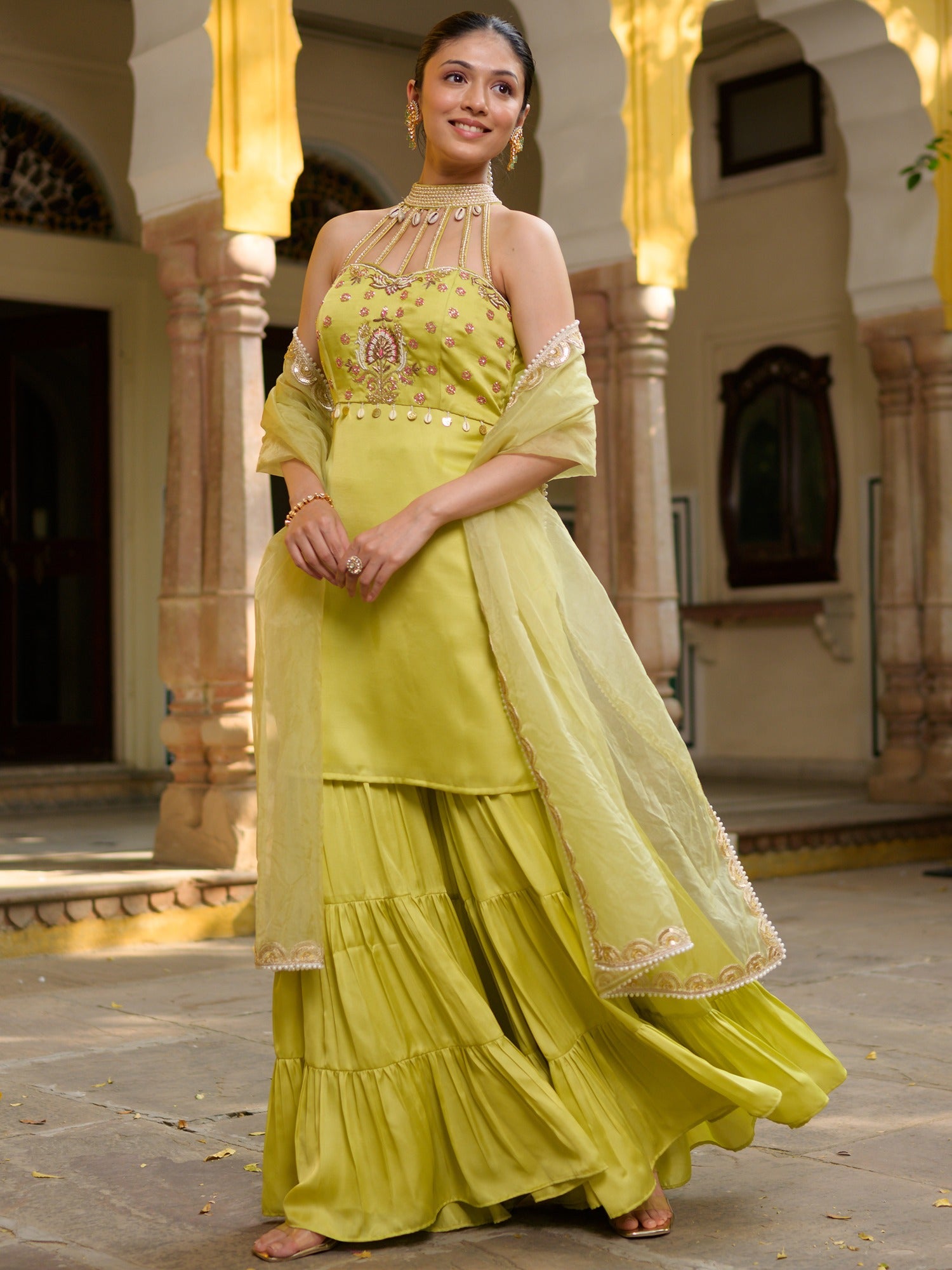 Neon Green Halter Neck Sharara Set