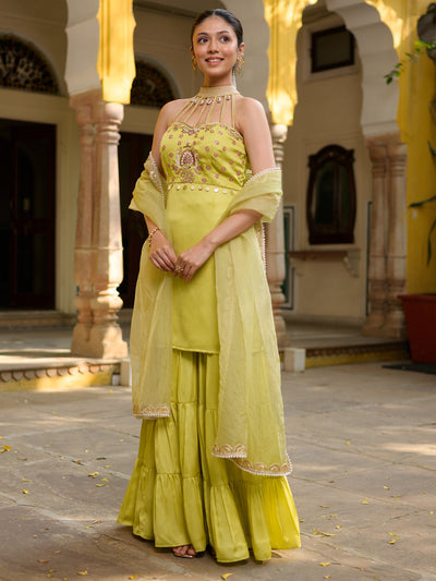Neon Green Halter Neck Sharara Set